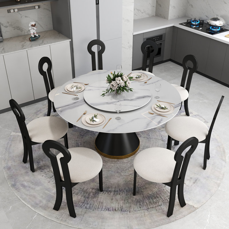 8 Seat Modern Round Sintered Stone Dining Table With Rotating Tray,modern Key-shaped Dining Chairs, White