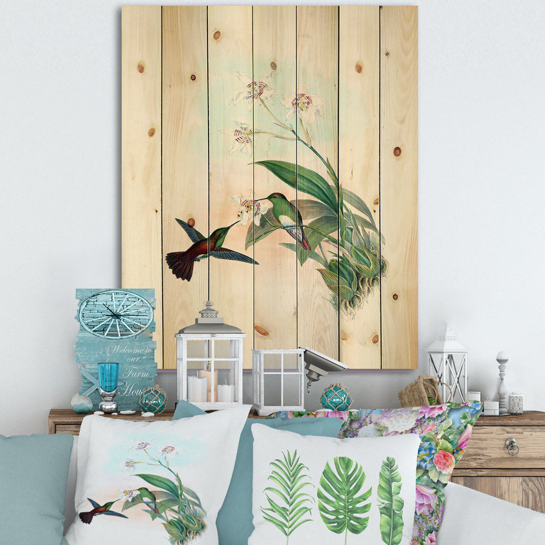 Vintage Hummingbird Flying To A Flower - Traditional Print On Natural Pine Wood East Urban Home 