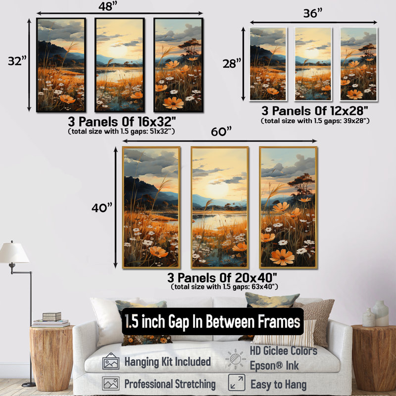 «Meadow Stream At Sunset I», ensemble d'art mural sur toile Meadow, Cadre flottant noir, H 32 po x l 48 po x P 1 po