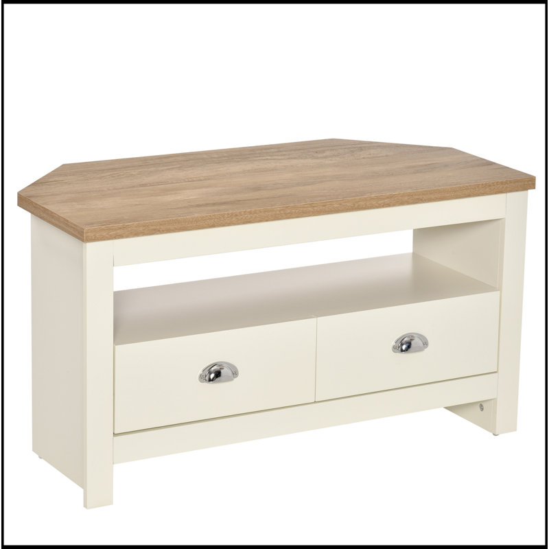 Meuble télé d'angle pouvant accueillir jusqu'à 50 po, console de divertissement avec tiroirs et compartiment de rangement ouvert pour le salon, blanc
