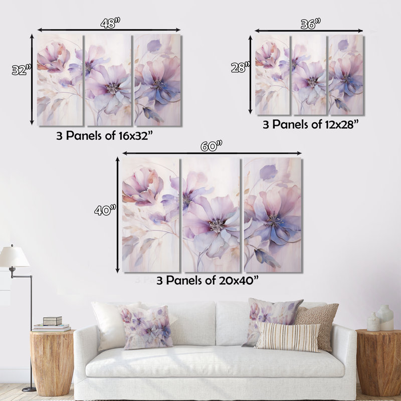 «Purple Botanical Whispers I», reproduction sur toile 3 pièces, H 40 po x l 60 po x P 1 po