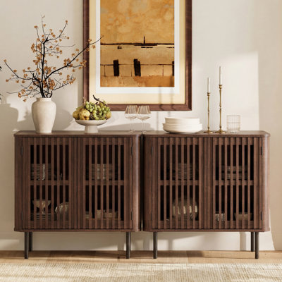 Mid Century Modern Sideboard Buffet Cabinet with Storage, 63" Fluted Credenza with 4 Doors and Adjustable Shelves for Kitchen, Dinning Room, Living Room
