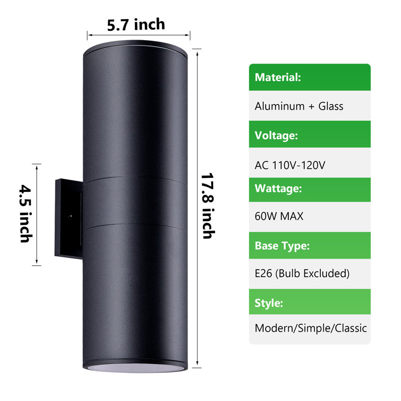 Modern Cylinder Wall Lights Up And Down E26 Outdoor Wall Light Fixture Matte Black, Waterproof Porch Light, Outdoor Sconce, For Patio, Garage, Doorway