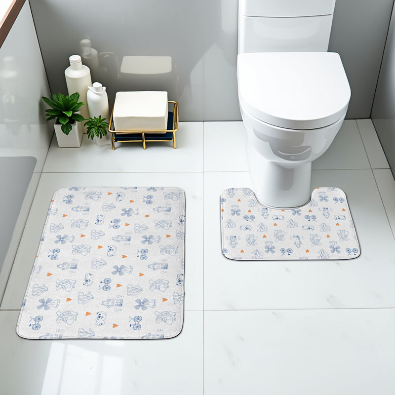  Dutch Bathroom Rug Set 2 Pieces Rectangle & Contour Mats Navy Blue Orange