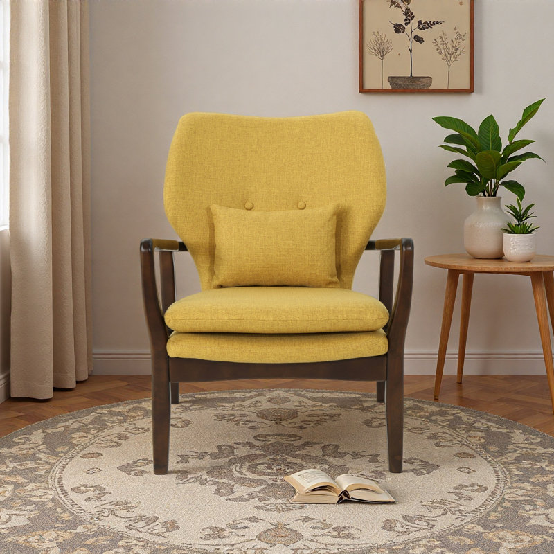 CLUB CHAIR, fauteuil club à structure en bois, Tissu moutarde