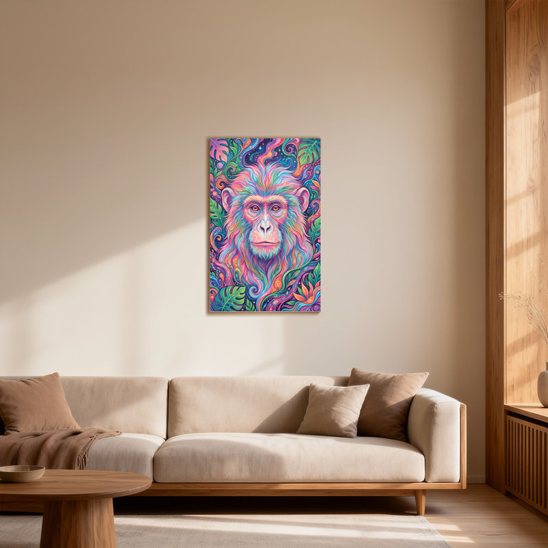 Animaux singe coloré avec des tourbillons et des feuilles vibrantes, H 12 po x l 18 po