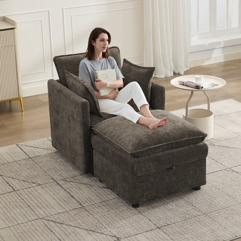 Upholstered Accent Armchair & Ottoman Set, Both with Hidden Storage, Brown