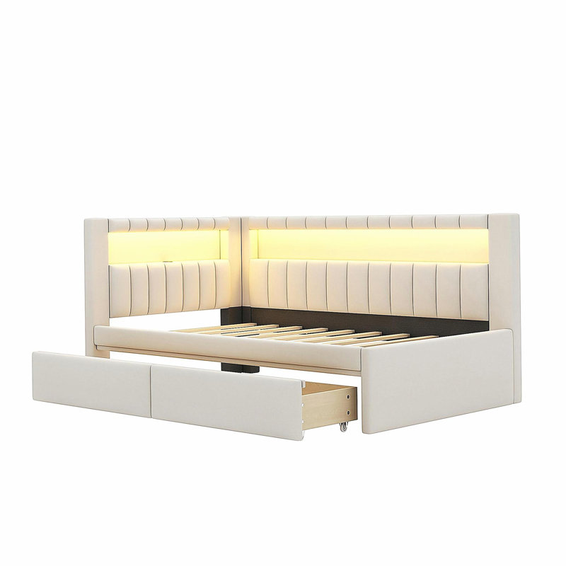 Upholstered Twin Size Platform Bed with USB Ports and LED Belt, With 2 Drawers, White, White