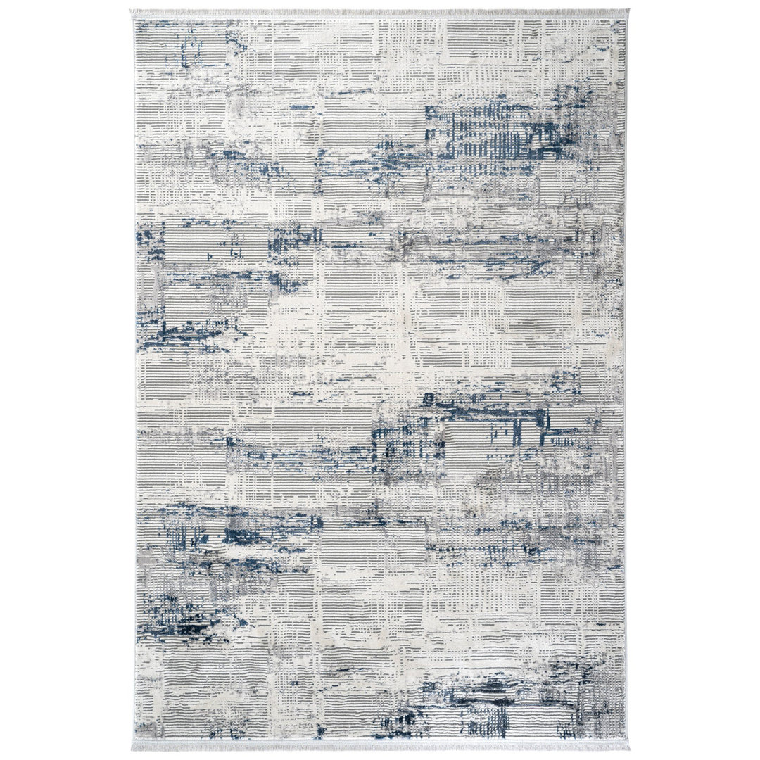 Blue Abstract,Distressed Bedroom Rug, Machine Made using Polypropylene with Cream and Modern design