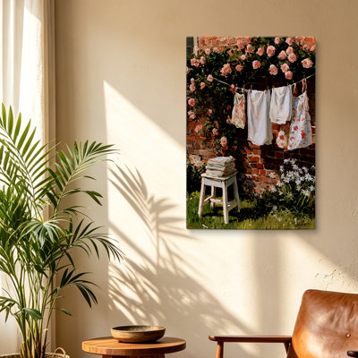  Rose, corde à linge vintage, toile tendue sur toile pour la chambre à coucher