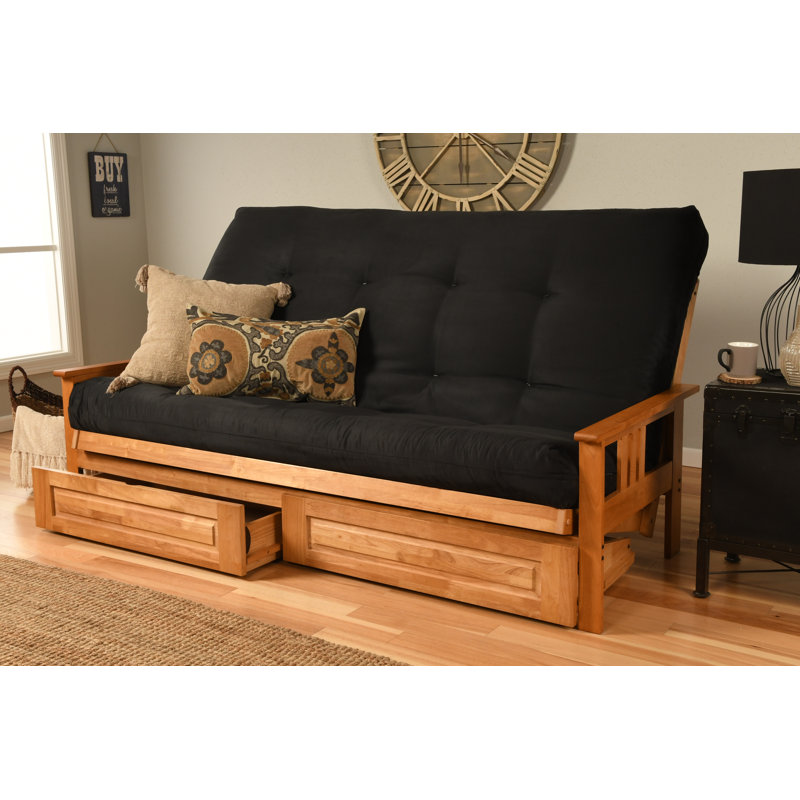 Stratford 86" Queen Futon and Mattress with Drawer set, Black Microsuede, Butternut, Innerspring