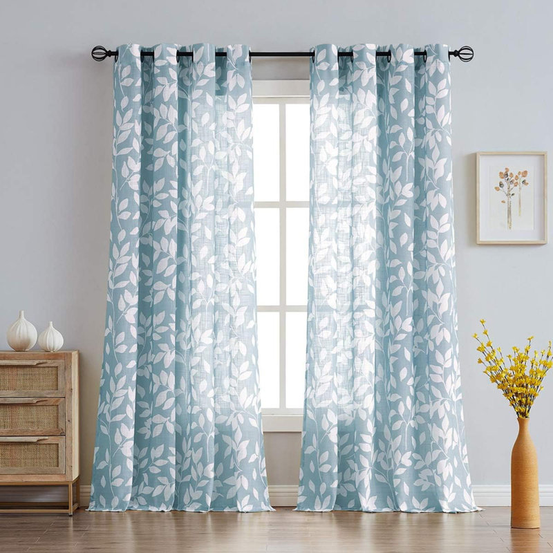 Rideaux pour salon, rideaux à imprimé de feuilles pour panneaux de rideaux à œillets pour chambre 1, Bleu