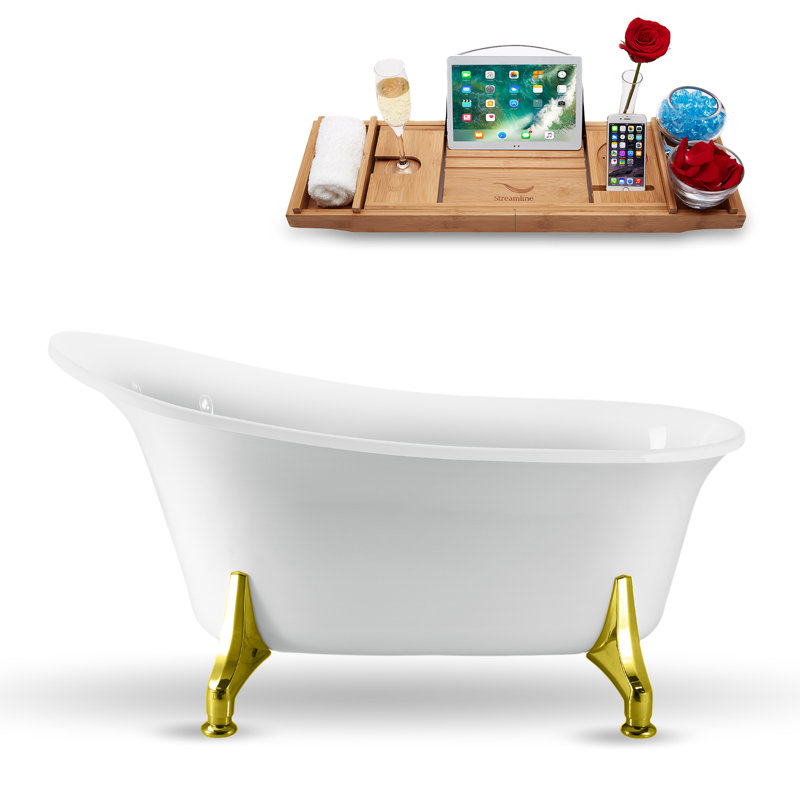 Baignoire de trempage sur pieds 59 "avec drain, pattes et plateau en bambou 59" Streamline, Or poli, Chrome poli