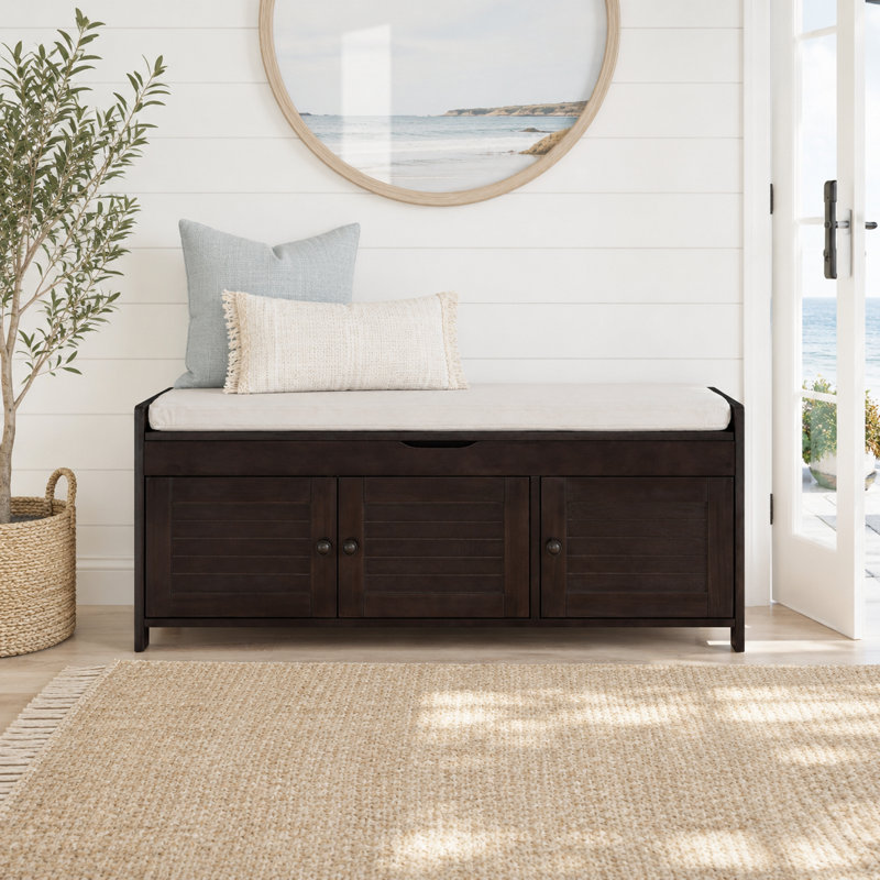 Linen Blend Upholstered Storage Bench, Espresso