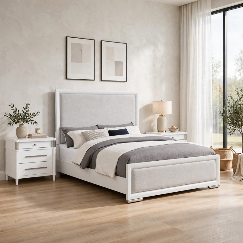 Ensemble de chambre à coucher Queen, design à panneaux, blanc, gris, 3 pièces avec 2 tables de chevet, Grand lit