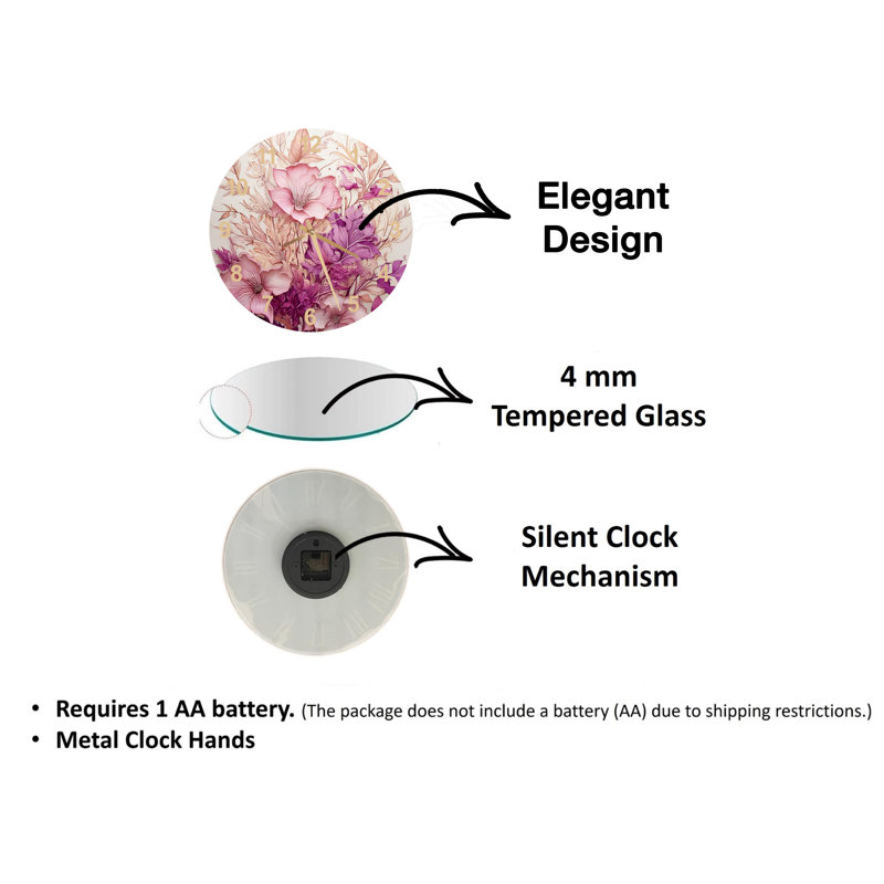 Horloge murale silencieuse rose et mauve à motif floral abstrait, Noir
