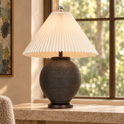 1-Light Dimmable Farmhouse Large Round Table Lamp with Pleated Linen Shade, Coffee Brown Ceramic for Family Room