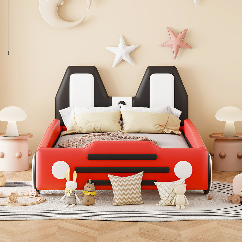 Red Twin Size Bed With Race Car-shaped Construction And Wheels, Comfort Combined Platform Wheels Car Design, Stable Comfortable Resting
