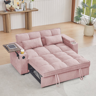 Pink Chenille Loveseat Sleeper Sofa Bed With Storage Armrest, USB Port, And Rotating Side Table