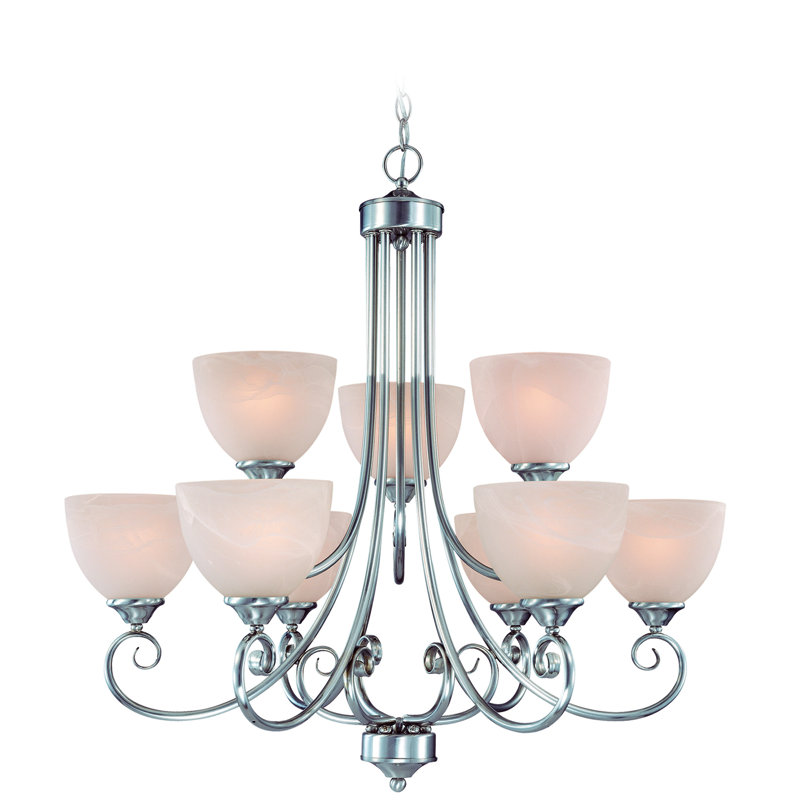 Lustre à niveaux ombrés 9 lumières Ora, Nickel satiné, Faux albâtre