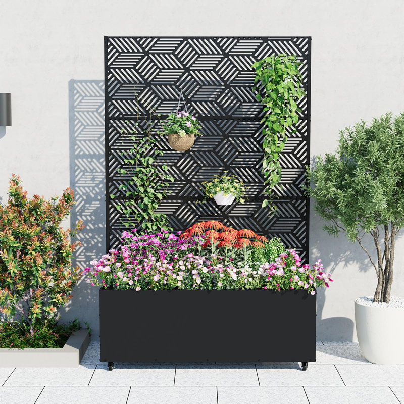 Boîte à fleurs en métal avec treillis et roues, écran d'intimité avec jardin surélevé 73 x 47 x 16 avec trous de drainage pour balcon de patio
