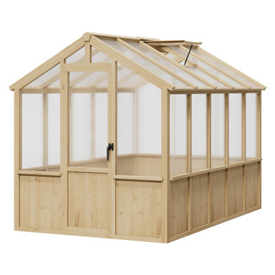 6x10 Ft Large Wooden Greenhouse with Adjustable Roof Vent, PC Panels and Lockable Door, Heavy-Duty Spruce Frame for Garden or Backyard