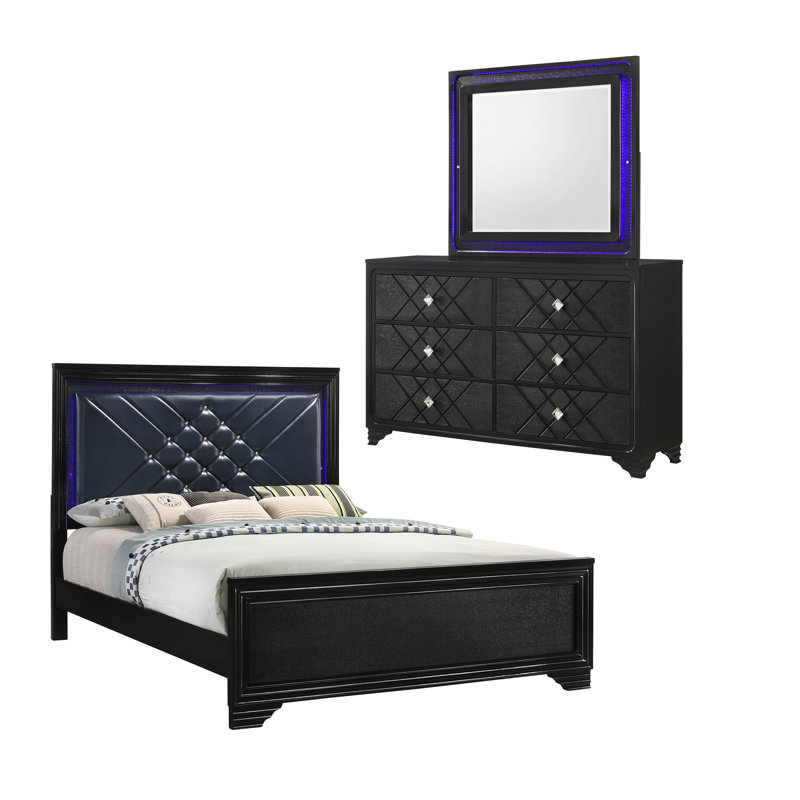 Ensemble de chambre à coucher 3 pièces avec commode et miroir Mosalena, Grand