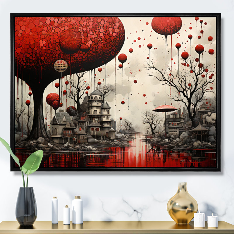 Surréalisme rouge et gris surréalisme I, Cadre flottant noir, H 34 po x l 44 po x P 1,5 po