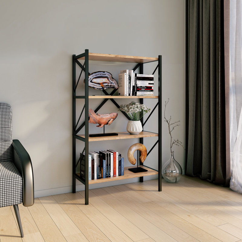 Addley 121cm H x 66cm W Metal Standard Bookcase, Natural brown