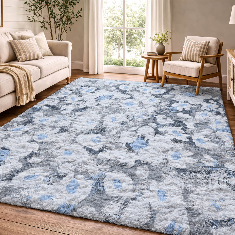 Tapis floral à poil long de qualité supérieure lavable à la machine ADS538, En jean, 8 pi x 10 pi