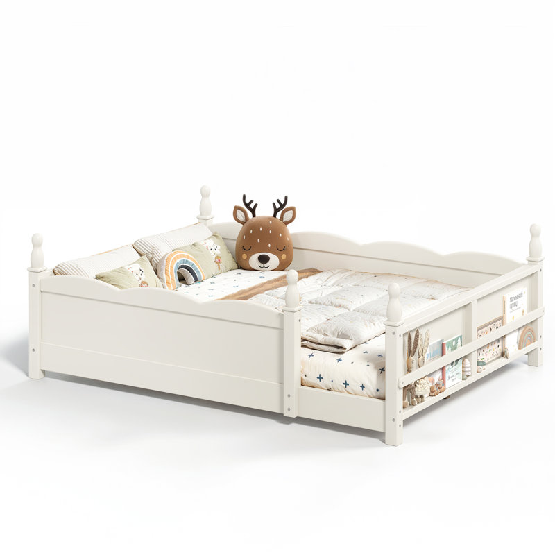 Lit double Montessori avec garde-corps pleine longueur, bibliothèque, base de lit pour enfant beige, Full / Double, Beige