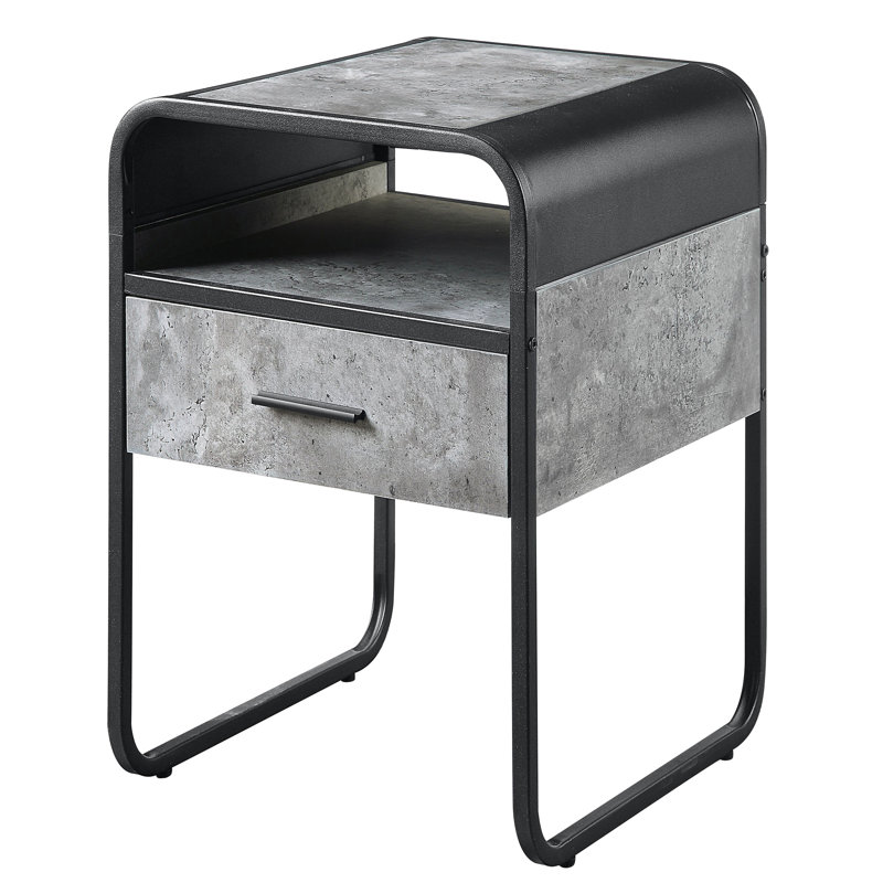 Table de bout moderne en béton gris et noir, élégante distinction courbée, tiroir de rangement et tablette, table à cadre en métal pour le salon, avec bords