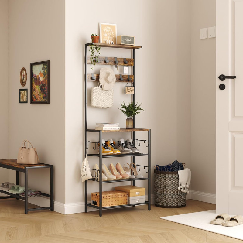 Coat Rack With Shoe Storage, 5-Tier Shoe And Coat Rack With 9 Clothes Hooks, Freestanding Hall Tree Organizer For Entryway, Bedroom