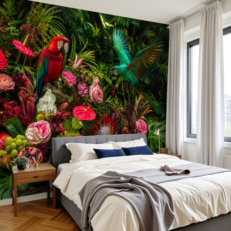 Papier peint adhésif pelez et collez, scène de jungle tropicale, perroquets colorés, fleurs exotiques, art mural auto-adhésif et amovible