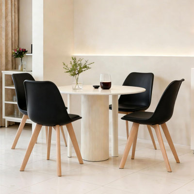 Modern Dining Chairs Set Of 4, Mid Century Kitchen Chairs With PU Leather Cushion & Wood Legs For Indoor Outdoor Use, Black