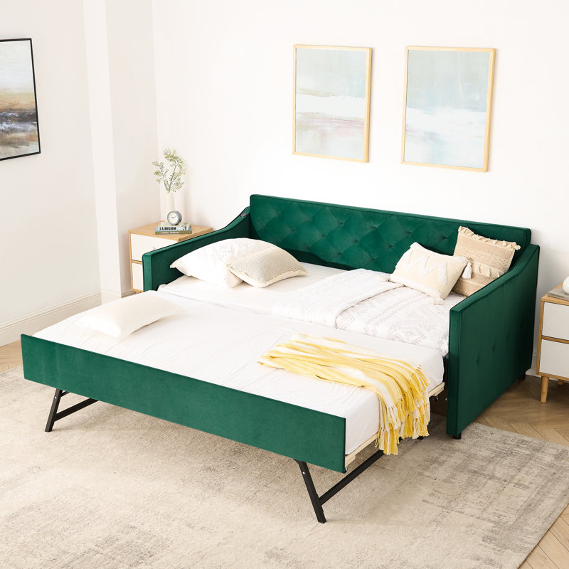 Lit de jour simple avec lit gigogne escamotable et fonction de charge, style Mid-Century, conception à boutons, accoudoirs ondulés, cadre en contreplaqué escamotable sur les accoudoirs, dossier élégant, cadre, convient à la chambre à coucher