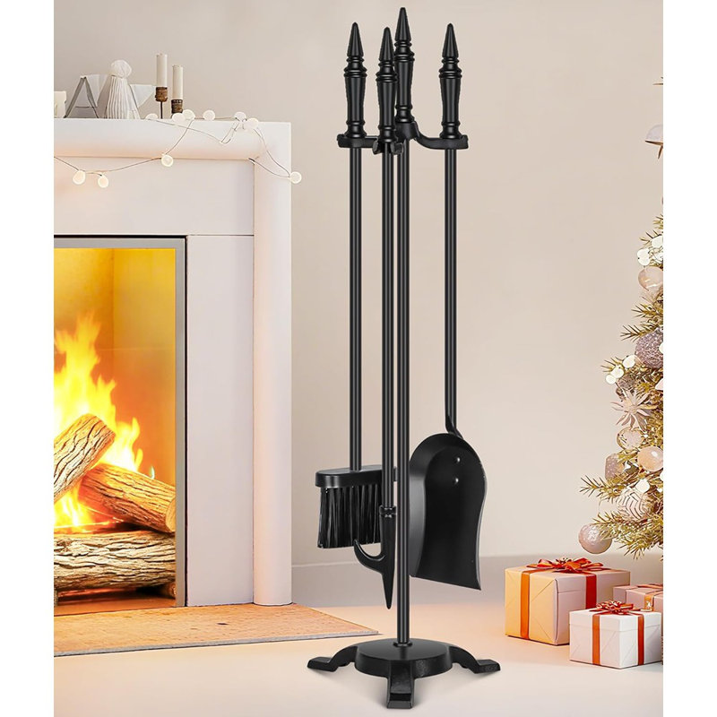 Ensemble d'outils de foyer 4 pièces, ensemble d'outils de foyer intérieur et extérieur en fer forgé moderne de 31 pouces, accessoires de foyer noir inclus: tisonnier, pelle, brosse, base