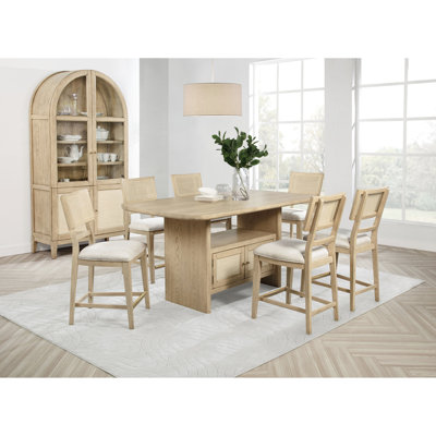 Table de salle à manger à 8 comptoirs en chêne beige, table rectangulaire, chaises rembourrées et vitrine