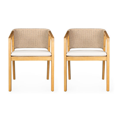 2 Wood Patio Chairs - Stable Construction With Breathable Seat And Back Dining Chair Of Solid Rope Design Waterproof Cushion For Outdoor Use