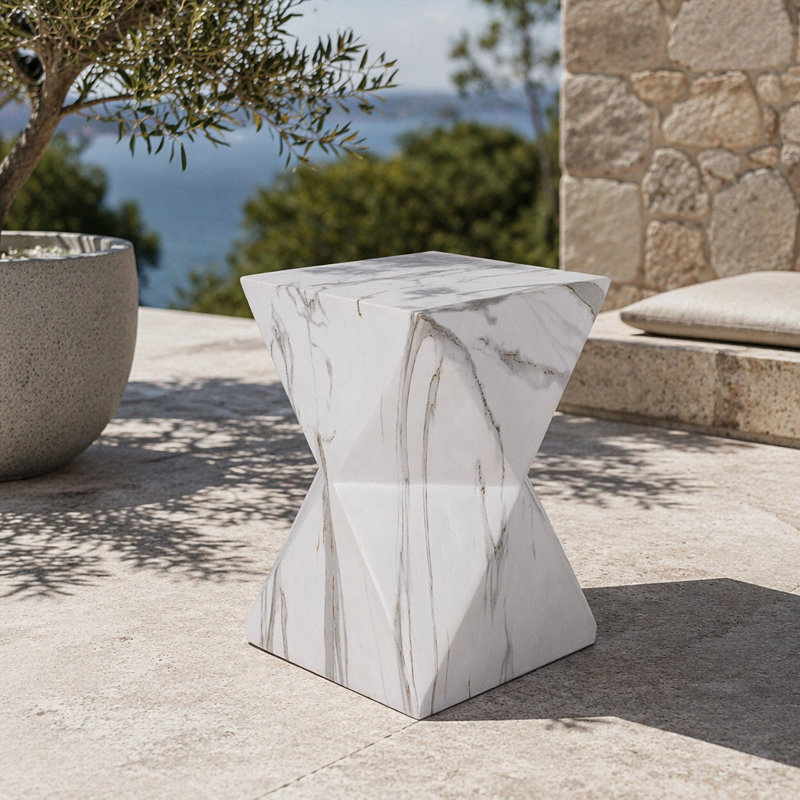 Table d'appoint géométrique en forme de sablier 18,5 "de haut H 18,5" avec finition en faux marbre, White Marble