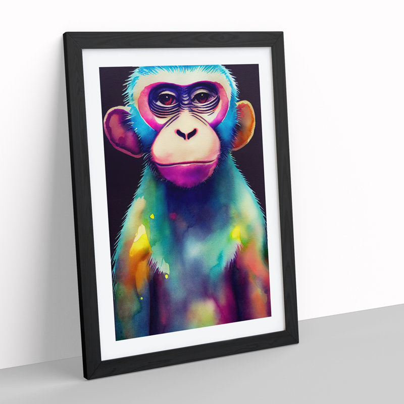 Neon Monkey No.5 - Single Picture Frame Painting, Black Framed, 64cm H x 46cm W x 2cm D