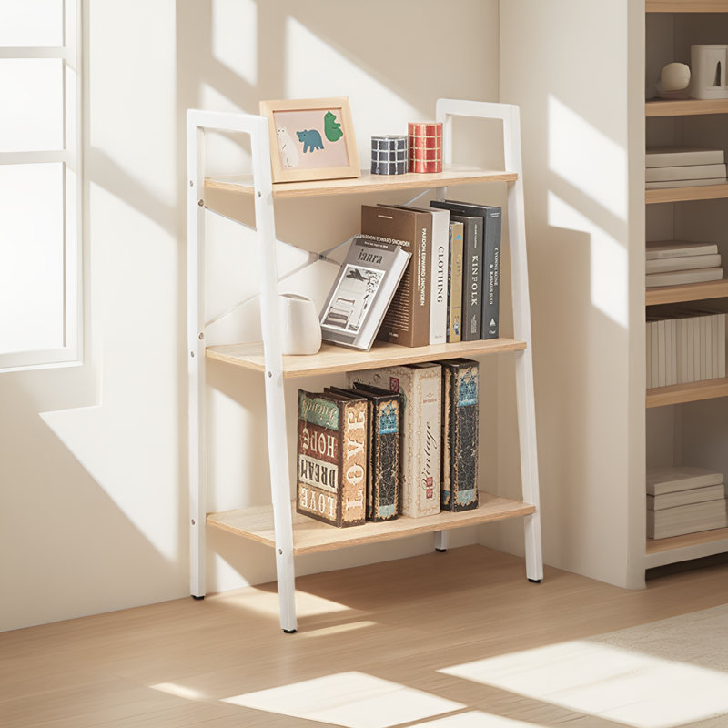 Bibliothèque industrielle à 3 niveaux - Présentoir autoportant en métal pour la maison / le bureau, Blanc / Beige