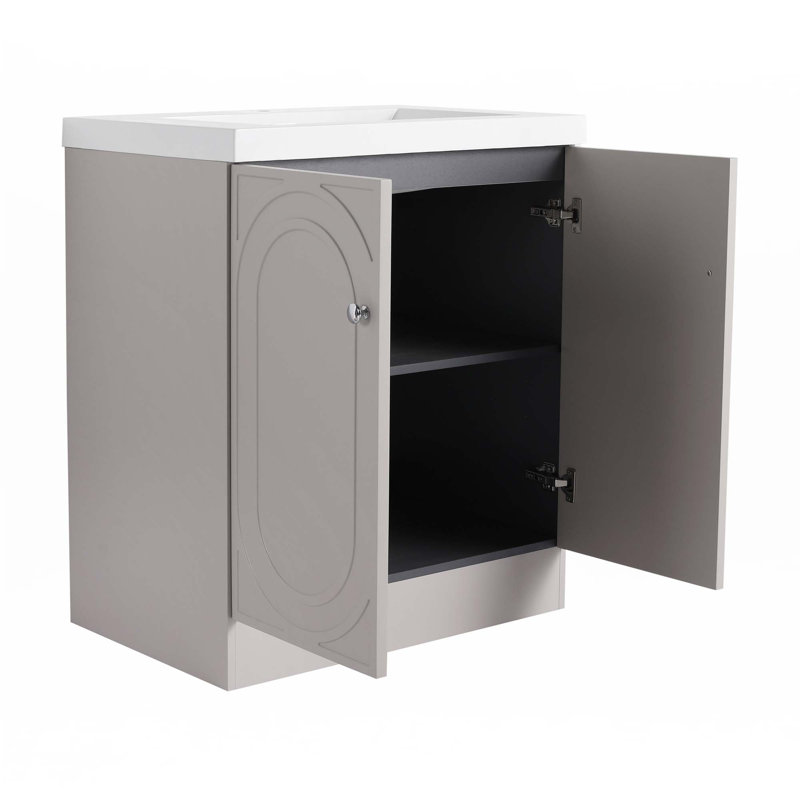 Meuble-lavabo autoportant avec lavabo en résine blanche, Kaki, Argent argent