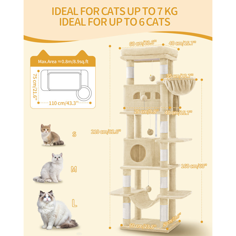Cat Tree for Indoor Cats, Large Tall Cat Tower, Multi-Level Cats House with Condo, 8 Scratching Posts, Hammock, 4 Pom Poms