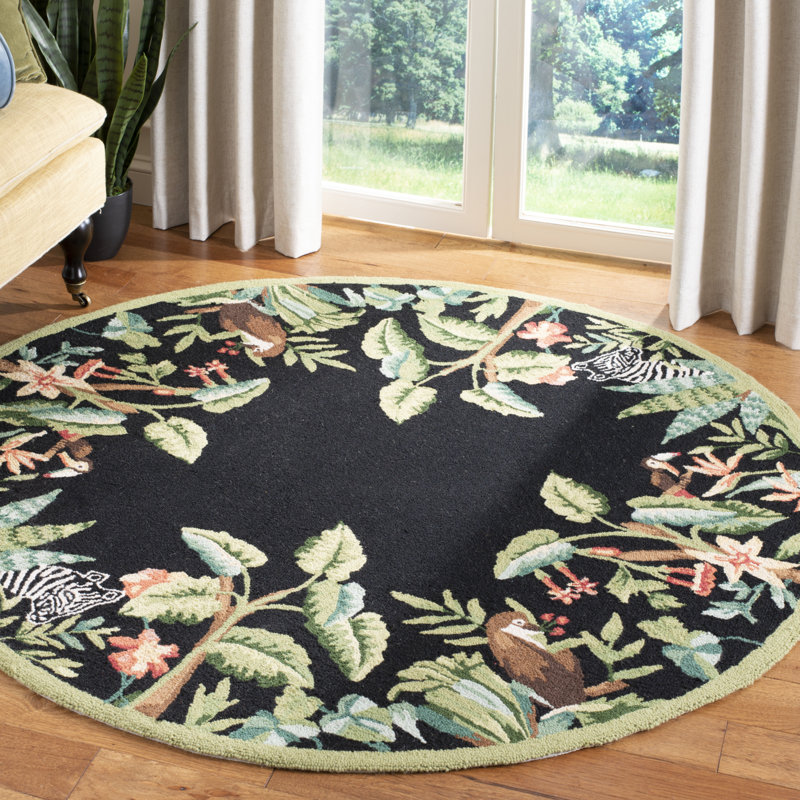 Handmade Round Black and Green Wool Floral Area Rug 66"