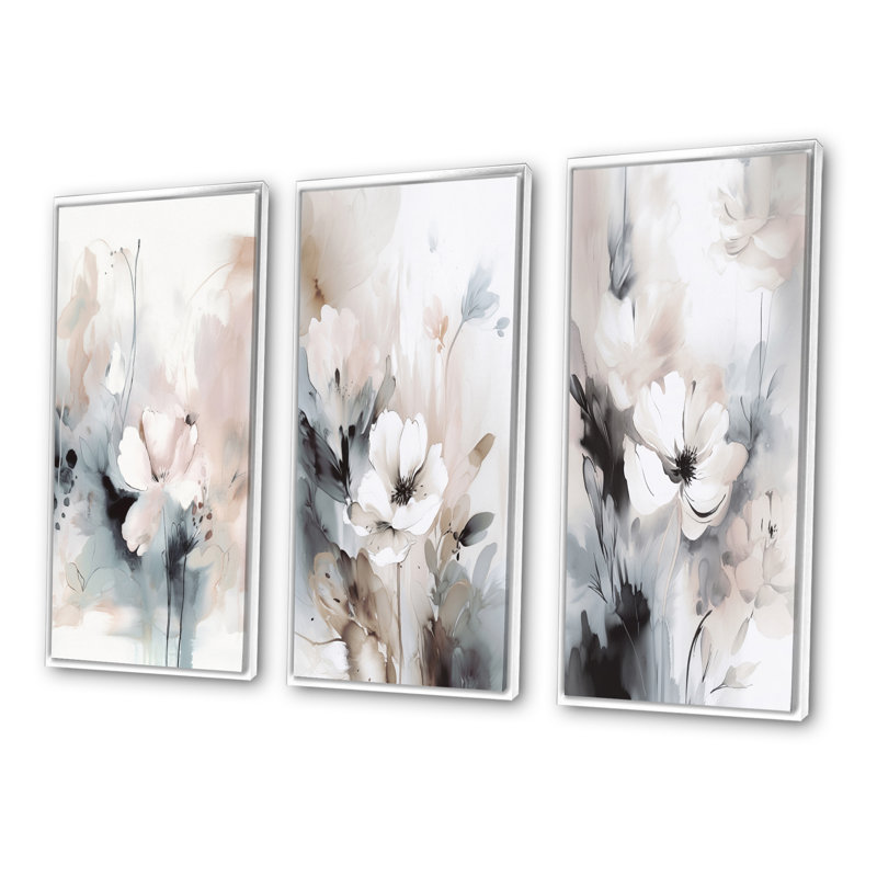 «Delicate Gray Flowers», 3 pièces sur toile, Cadre flottant blanc, H 32 po x l 48 po