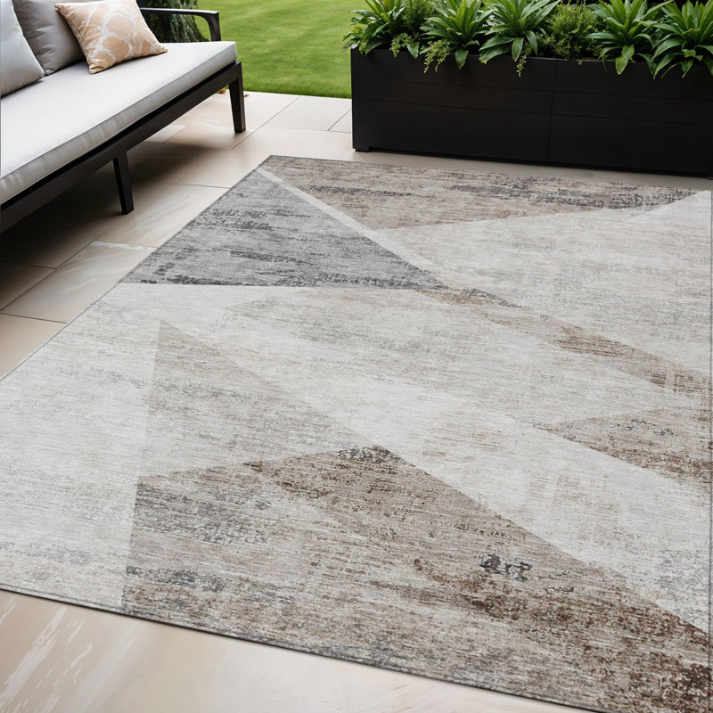 Tapis extérieur lavable abstrait argenté 5 pi x 8 pi beige
