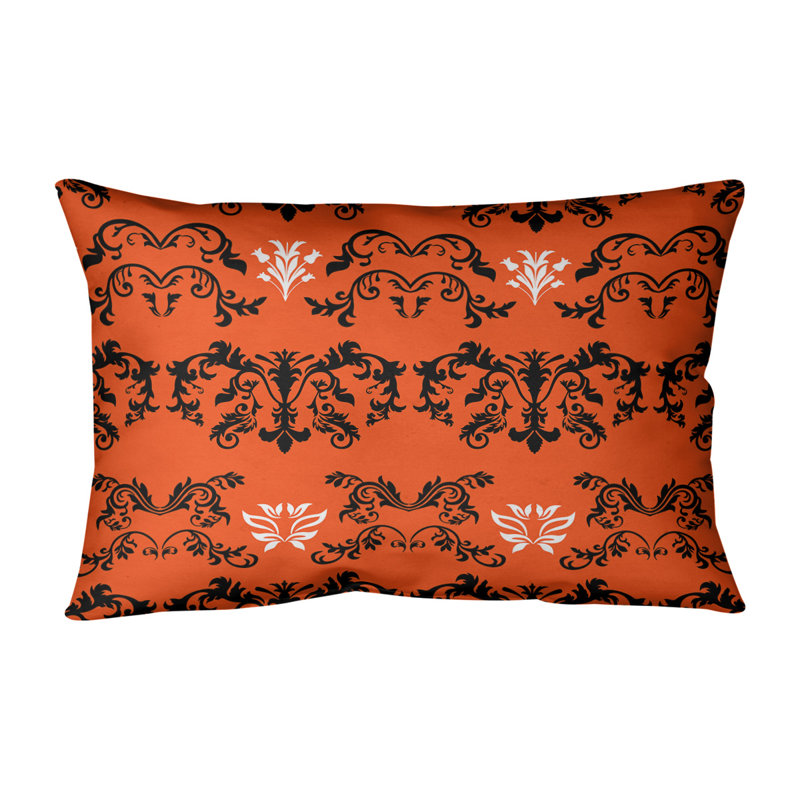 Damask Linen Reversible Pillow Cover, Poly Twill, Black/Orange/White
