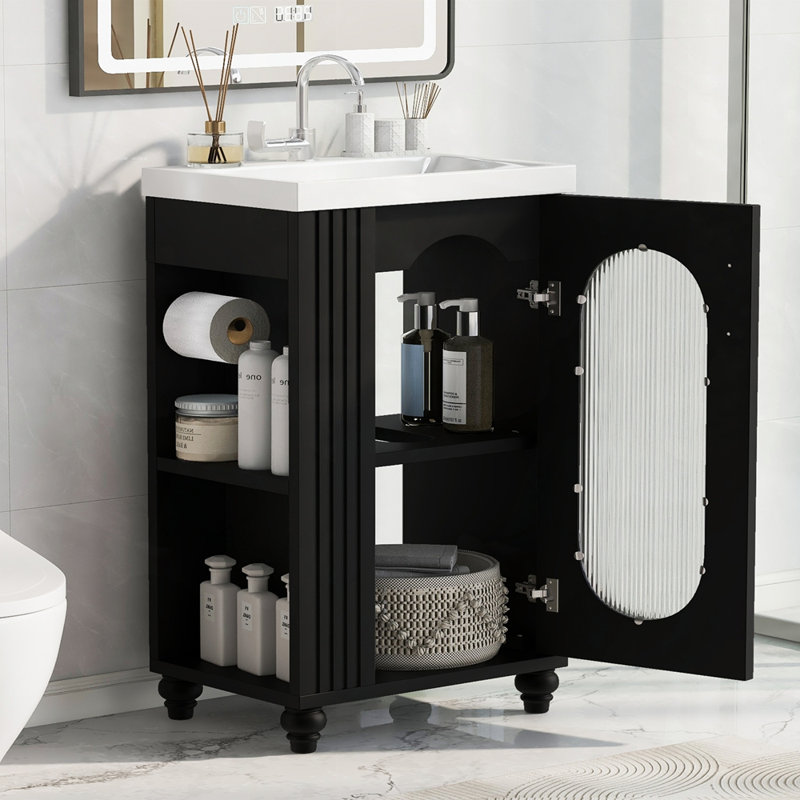 Armoire de meuble-lavabo avec tablette à deux niveaux, tablette réglable, Noir