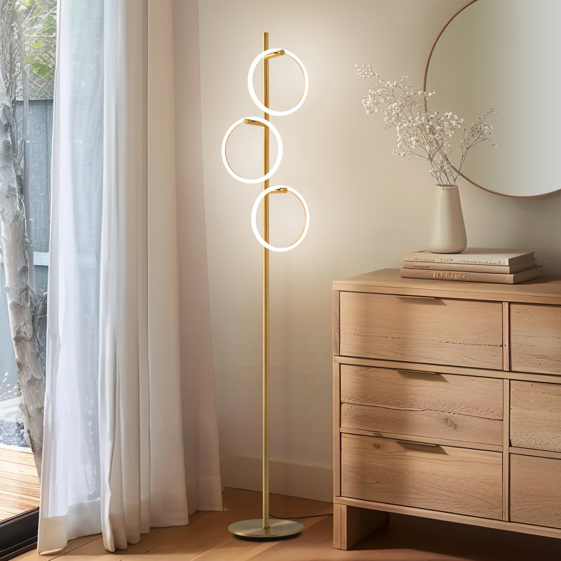 Saturn 66" Modern LED Floor Lamp with 3 Removable Ring Lights and Gold Finish, 3-Way Dimming